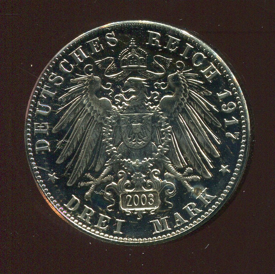  Kaiserreich Sachsen Friedrich der Große 3 Mark von 2003 in PP   