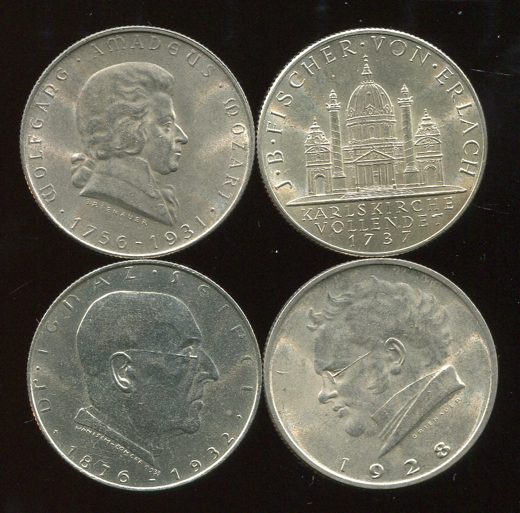 Österreich 4x 2Schilling in St. von 1928-37
