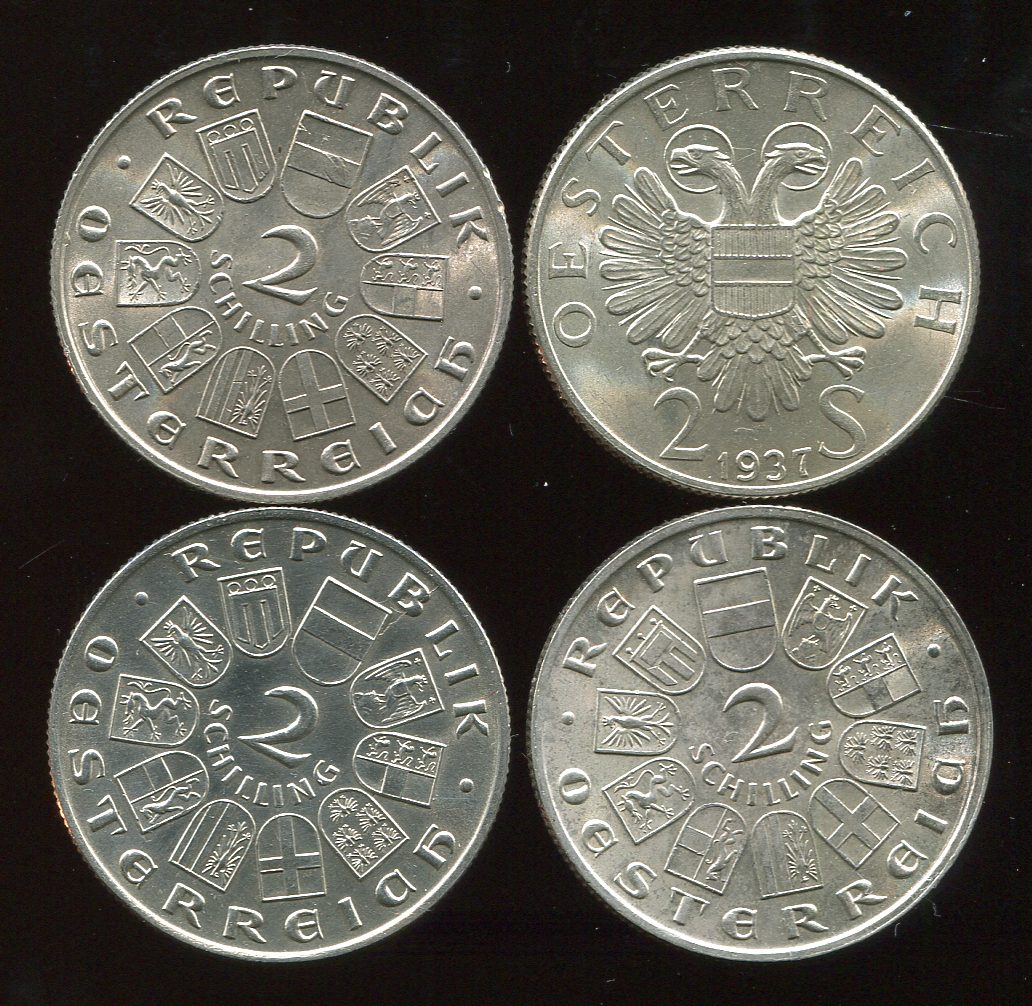  Österreich 4x 2Schilling in St. von 1928-37   