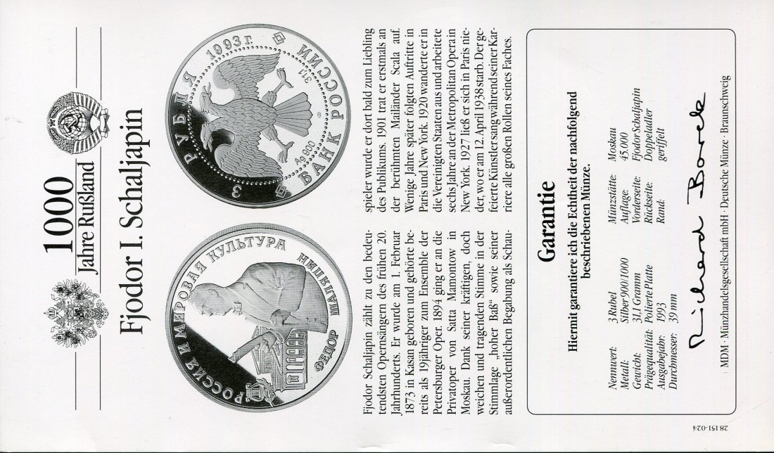  Russland 3 Rubel Silbergedenkmünze 900 Ag 31,1g mit Zertifikat in PP   