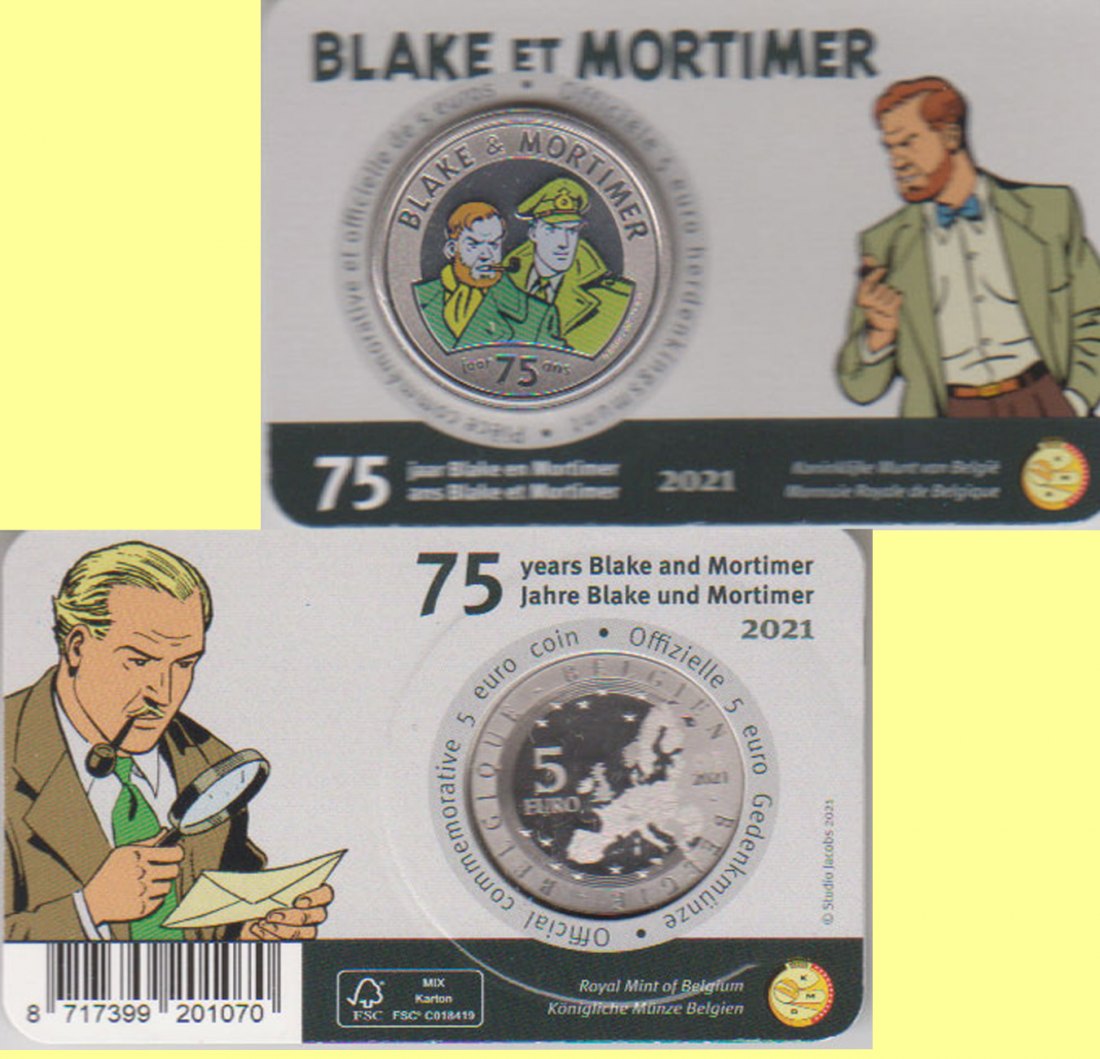  Offiz Coincard 5-€-Sondermünze Belgien *Blake und Mortimer* 2021 coloriert nur 7.500St!   