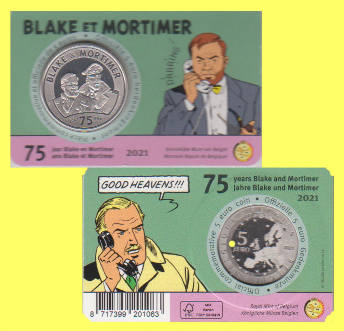  Offiz Coincard 5-€-Sondermünze Belgien *Blake und Mortimer* 2021 nur 7.500St!   