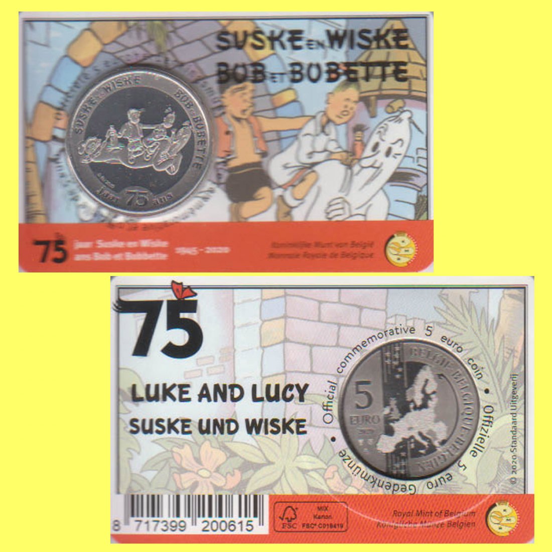  Offiz Coincard 5-€-Sondermünze Belgien *Suske und Wiske* 2020 nur 7.500St!   