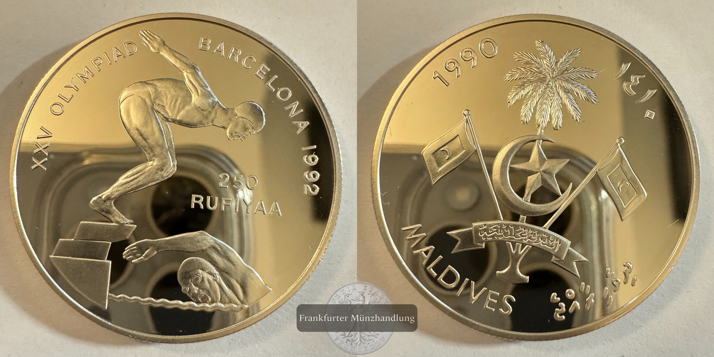  Malediven 250 Rufiyaa (Swimming) 1410 (1990) FM-Frankfurt KM#80 Feinsilber: 29,1g   