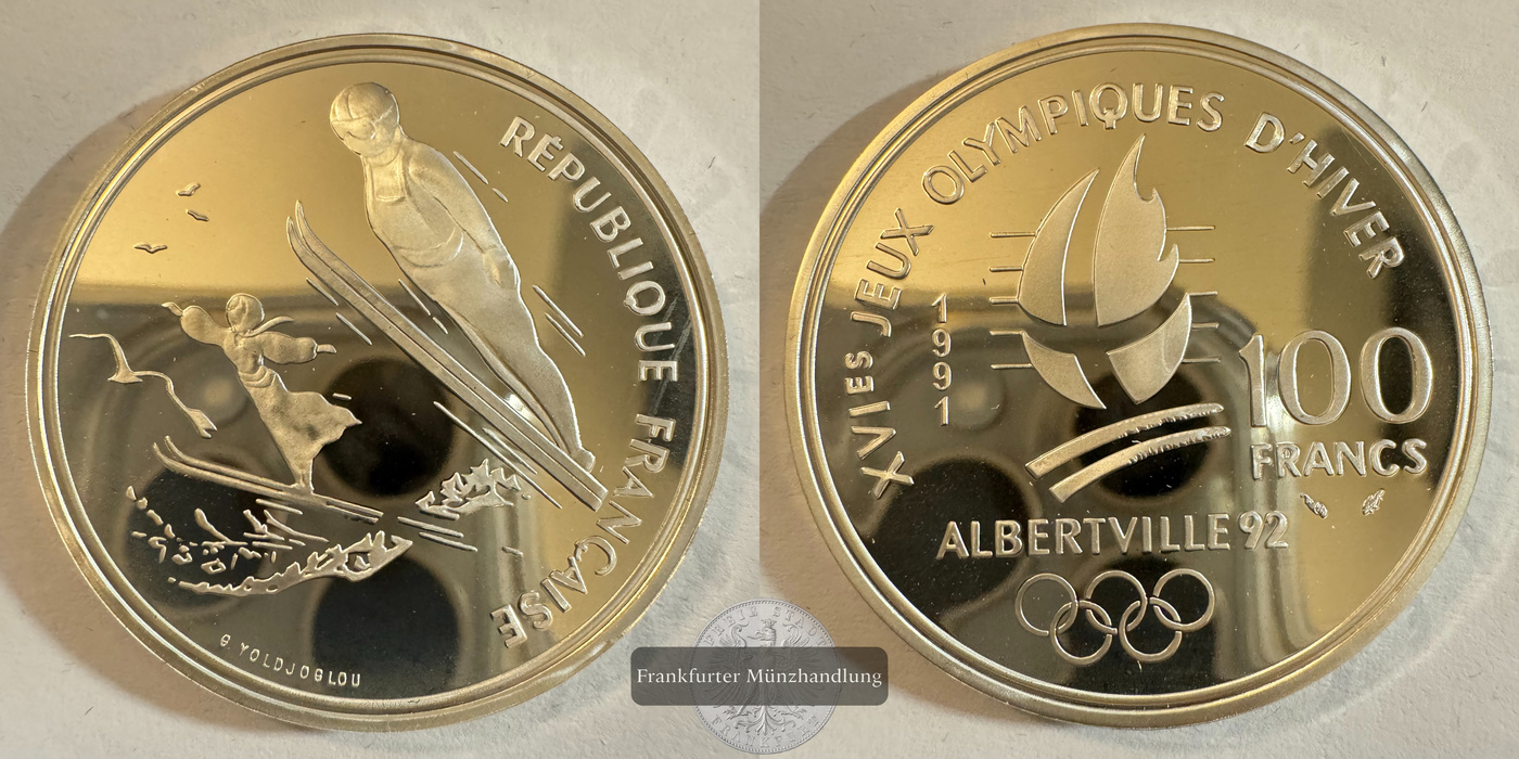  Frankreich 100 Francs (Ski Jumping) 1991 FM-Frankfurt KM#995 Feinsilber: 20g   