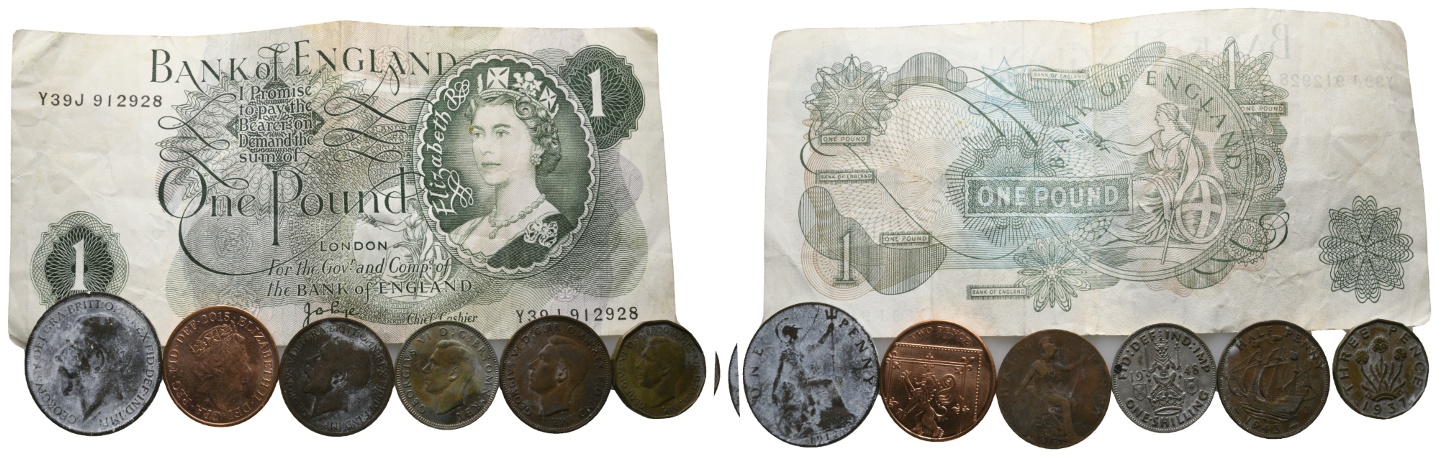  Ausland; Großbritannien; Lot Kleinmünzen (6 Stück)+ Banknote   