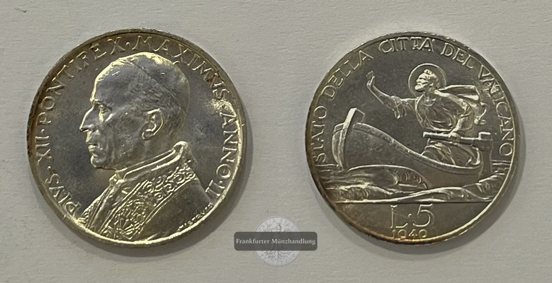  Vatikan  5 Lire  1940  Papst Pius XII (1939 - 1958) KM#28  FM-Frankfurt Feinsilber: 4,17g   