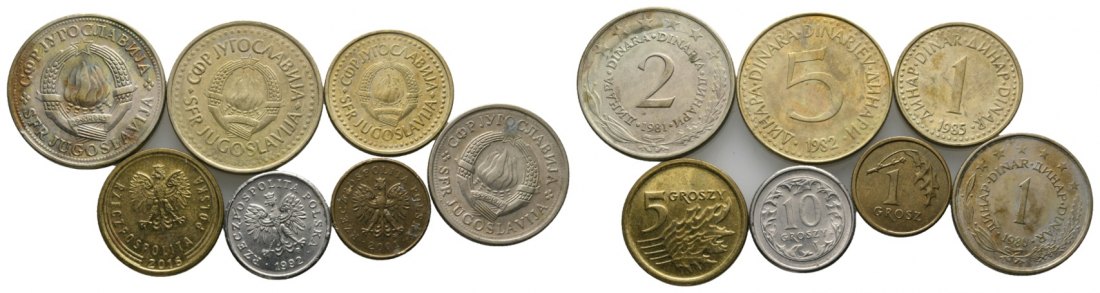  Ausland; Jugoslawien & Polen; Lot Kleinmünzen (7 Stück)   