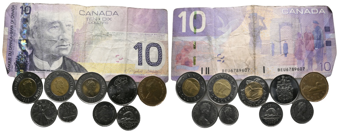  Ausland; Canada; Lot Kleinmünzen ( 9 Stück) + Banknote   