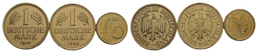  Deutsche Mark; 1 Deutsche Mark 1950 / 1990; 1 cent 2012; vergoldet   