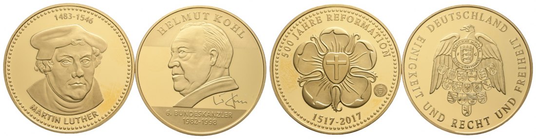  2 Medaillen; 500 Jahre Reformation 2017 / Martin Luther; Helmut Kohl 1998; vergoldet   
