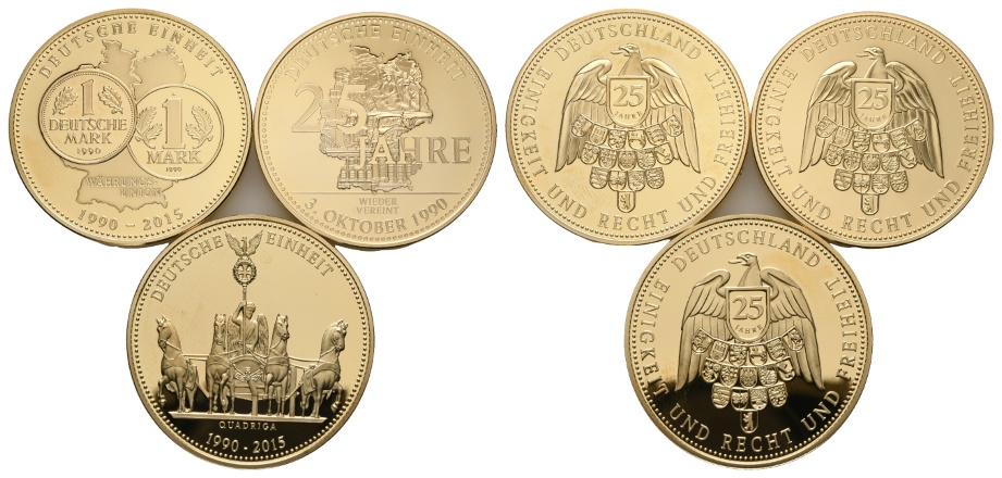  3 Medaillen; 25 Jahre Währungsunion 2015; 25 Jahre Deutsche Einheit; vergoldet   