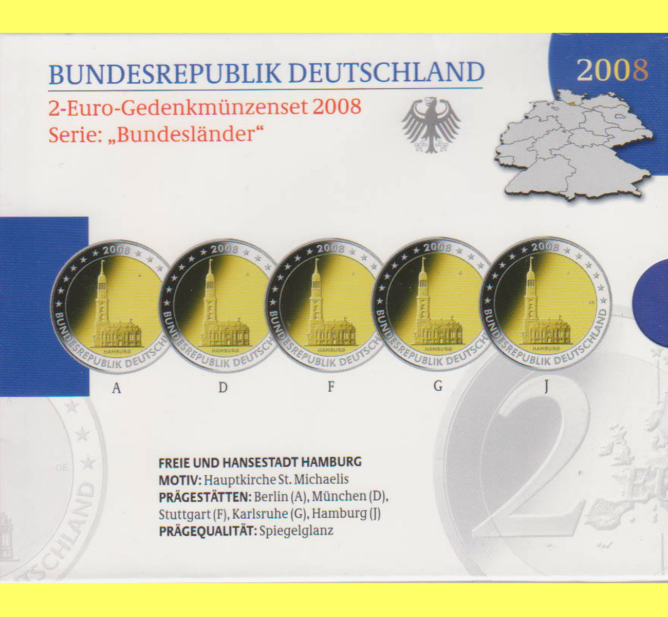  Offiz. 5x 2 Euro-Sondermünze A-J BRD *Hauptkirche St. Michaelis* 2008 *PP*   