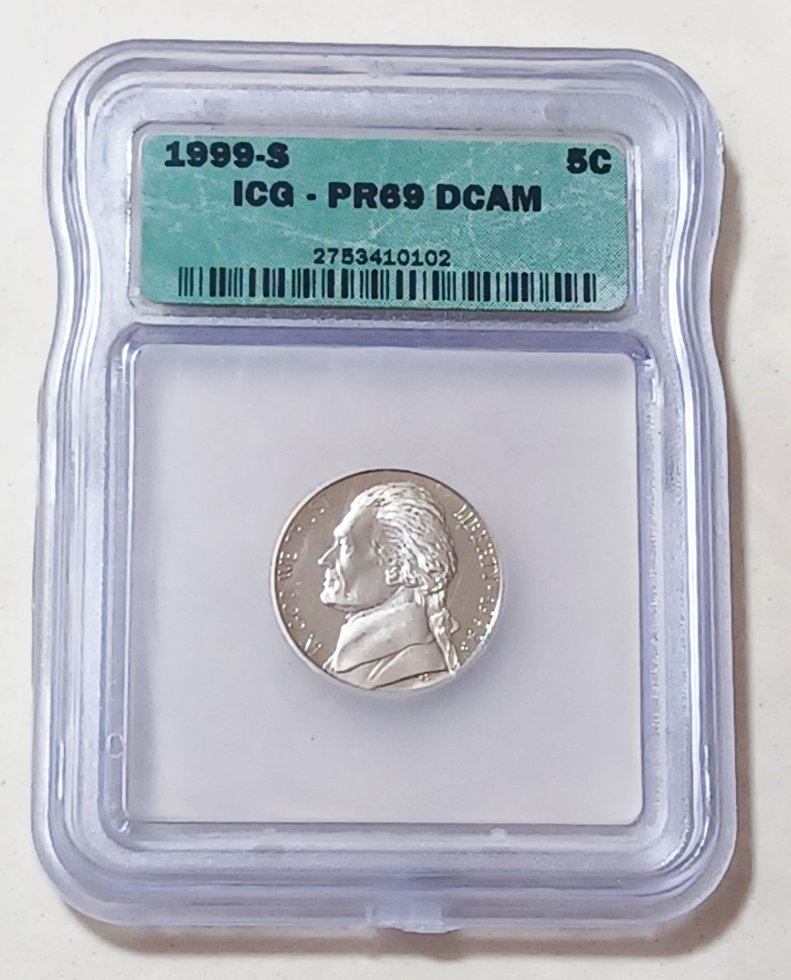 1999 CLAD PROOF United States Jefferson Nickel Five Cent 5c 1999 S ICG PR69DCAM 2ND Highest