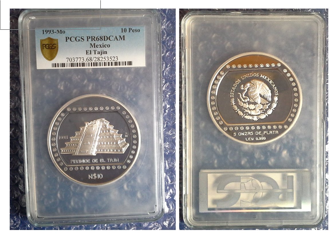 - kirofa - Mexico - 1993 - Priramide de El TAJIN - 5 oz Silver 999 PROOF- PCGS PR 68 DCAM