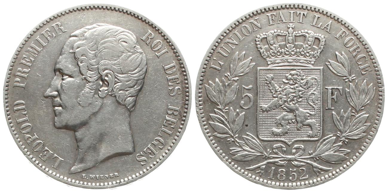  Belgien: Leopld I., 5 Francs 1852. näheres unten!   