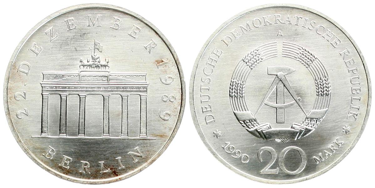  DDR: 20 Mark 1990, Silber, Brandenburger Tor   