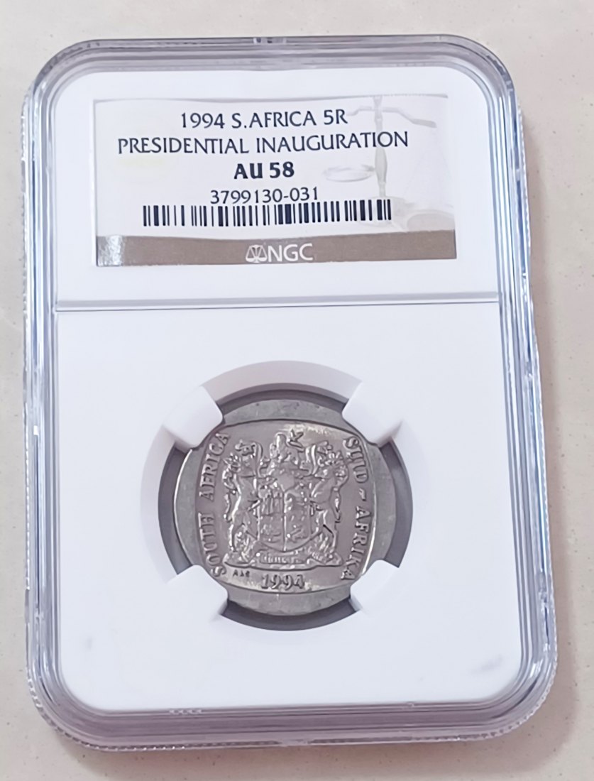 1994 South Africa Presidential Inauguration Five Rand R5 NGC AU58
