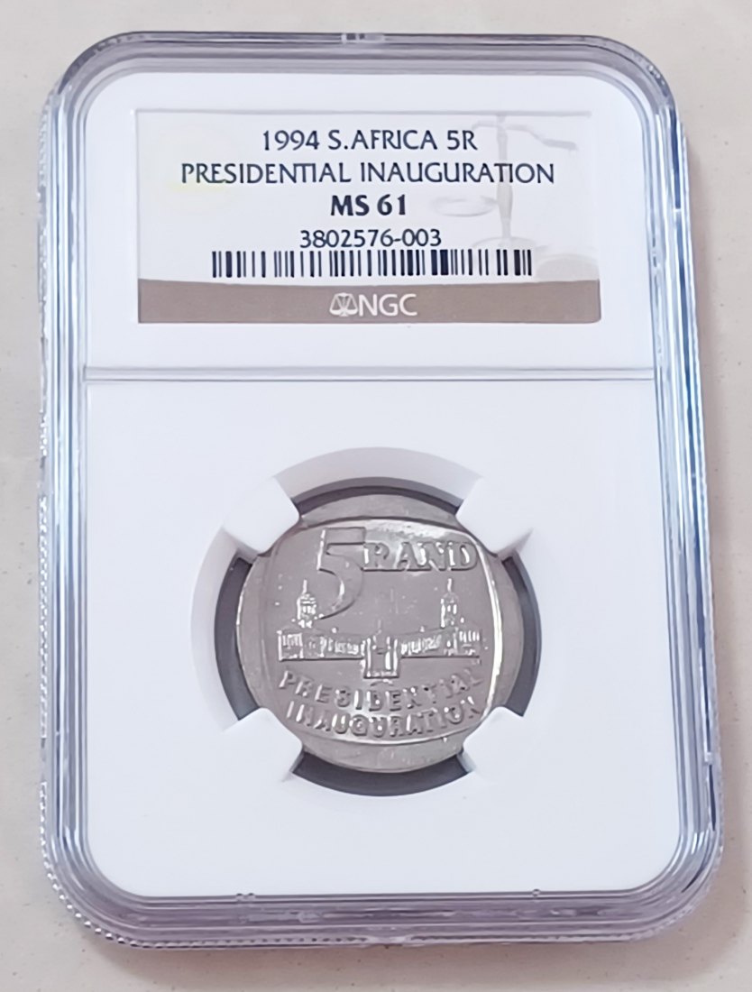 1994 UNC BU South Africa Presidential Inauguration Five Rand R5 NGC MS61