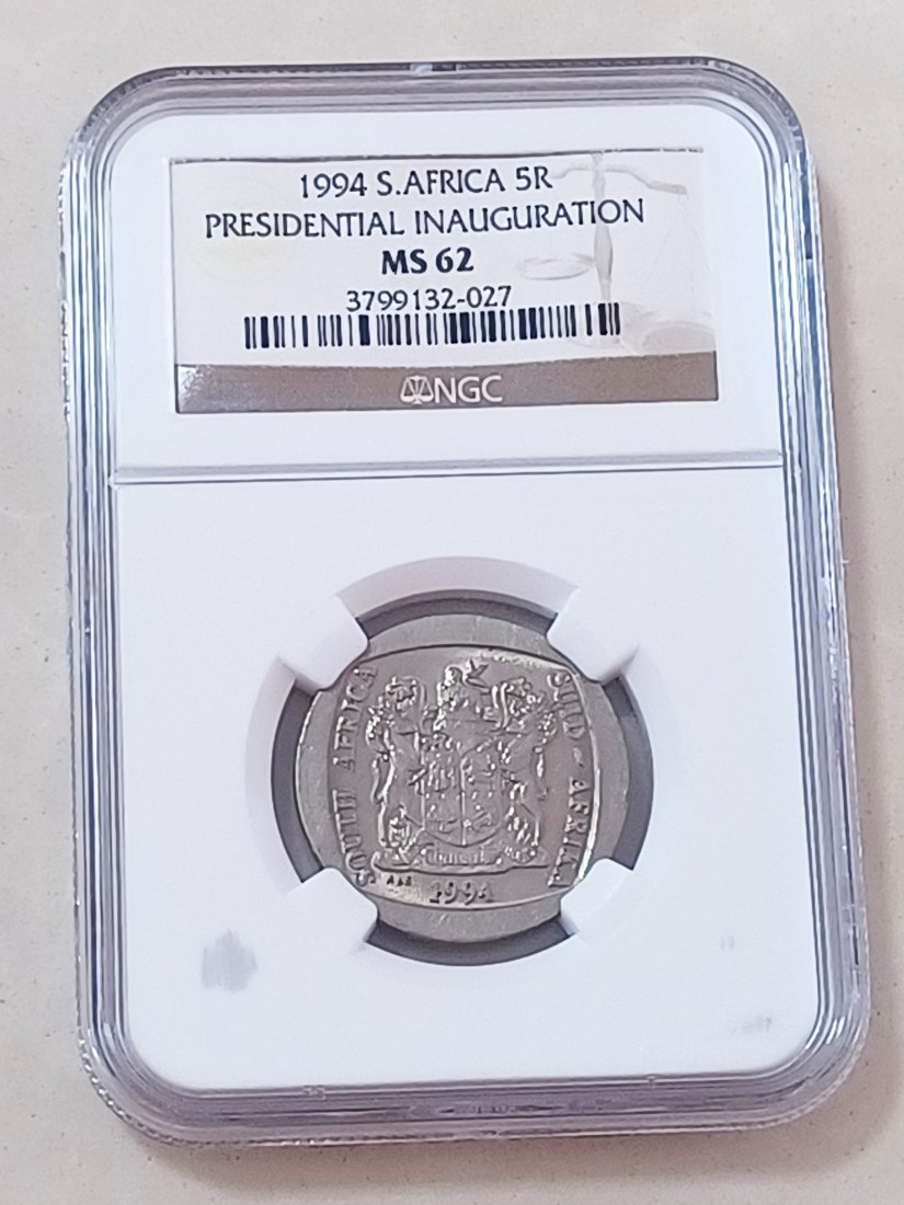 1994 UNC BU South Africa Presidential Inauguration Five Rand R5 NGC MS62
