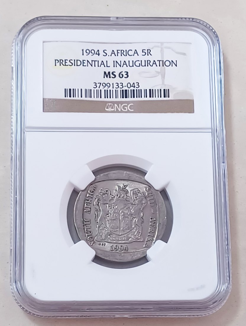 1994 UNC BU South Africa Presidential Inauguration Five Rand R5 NGC MS63