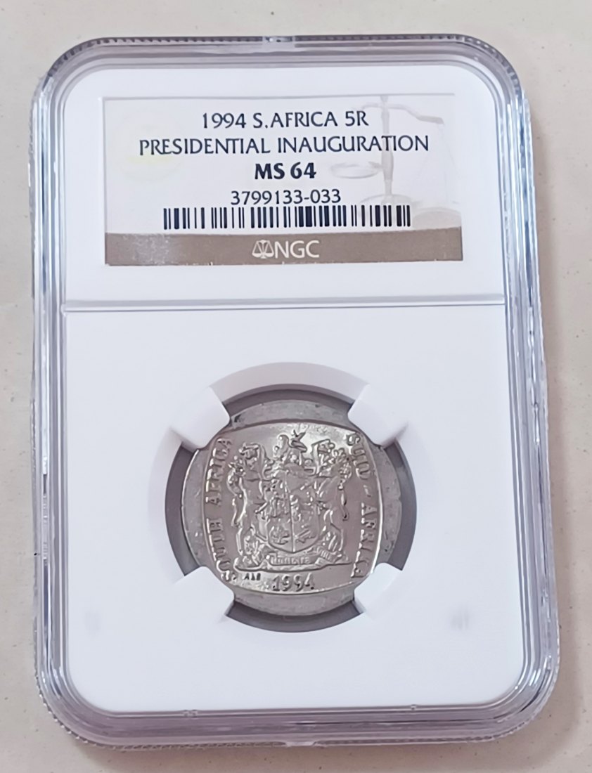 1994 UNC BU South Africa Presidential Inauguration Five Rand R5 NGC MS64