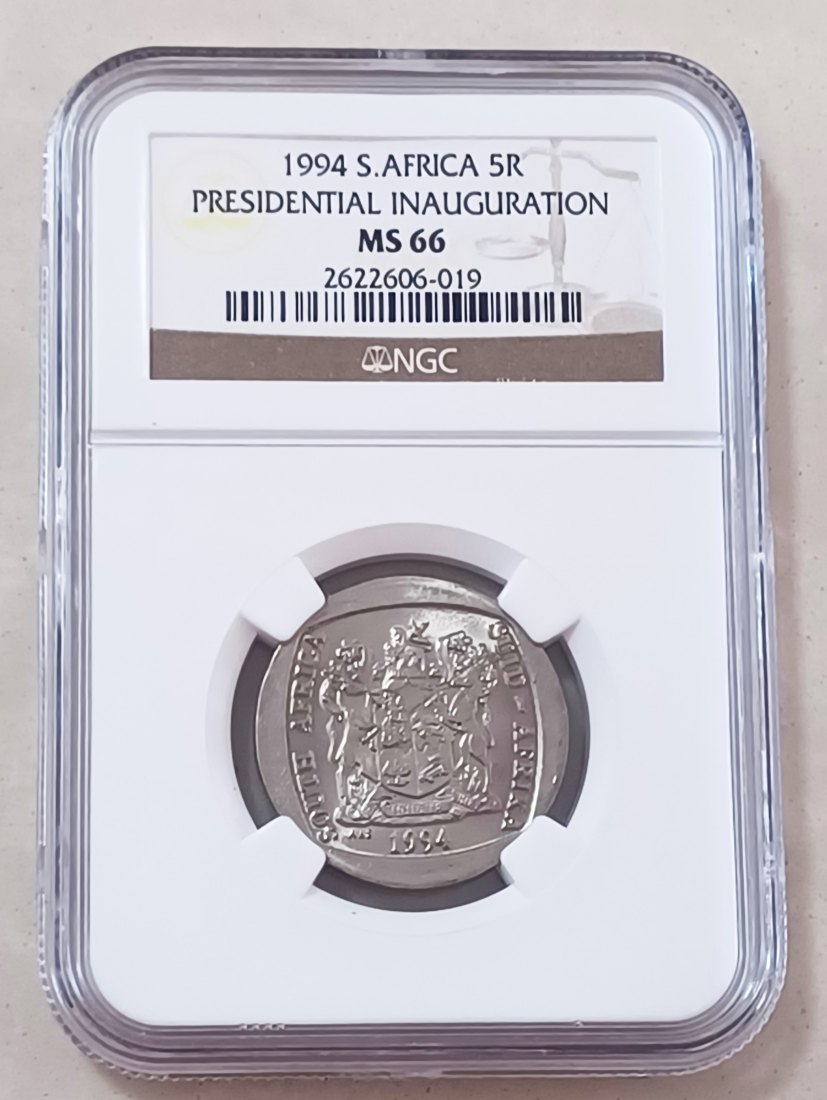 1994 UNC BU South Africa Presidential Inauguration Five Rand R5 NGC MS66