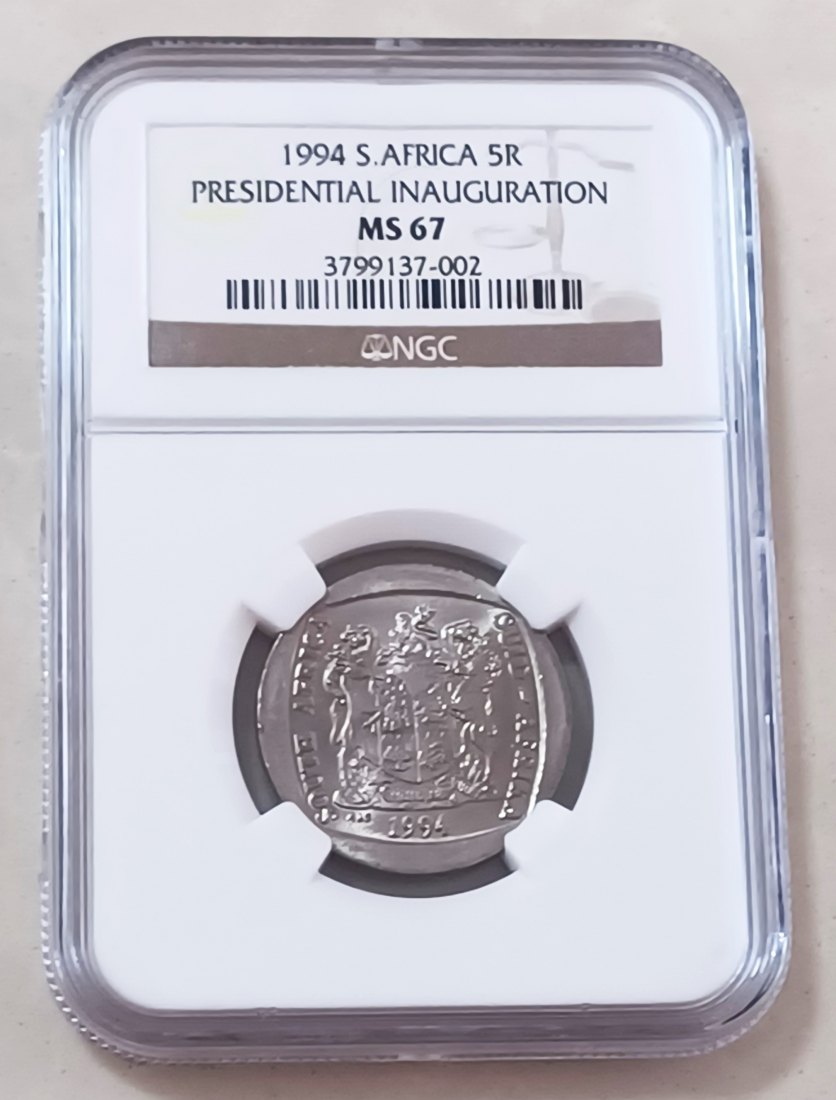 1994 UNC BU South Africa Presidential Inauguration Five Rand R5 NGC MS67 2ND HIGHEST GRADE