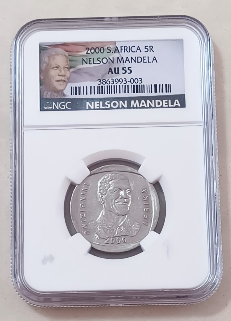 2000 South Africa Nelson Mandela ~Smiley~ Five Rand R5 NGC AU55 SPECIAL NGC MANDELA LABEL