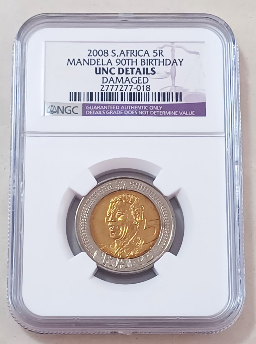 2008 South Africa BU UNC Bimetallic Nelson Mandela 90th Birthday Five Rand R5 NGC UNC Details