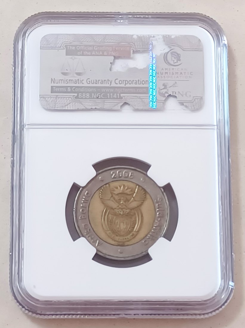  2008 South Africa Bimetallic Nelson Mandela 90th Birthday Five Rand R5 NGC AU55   