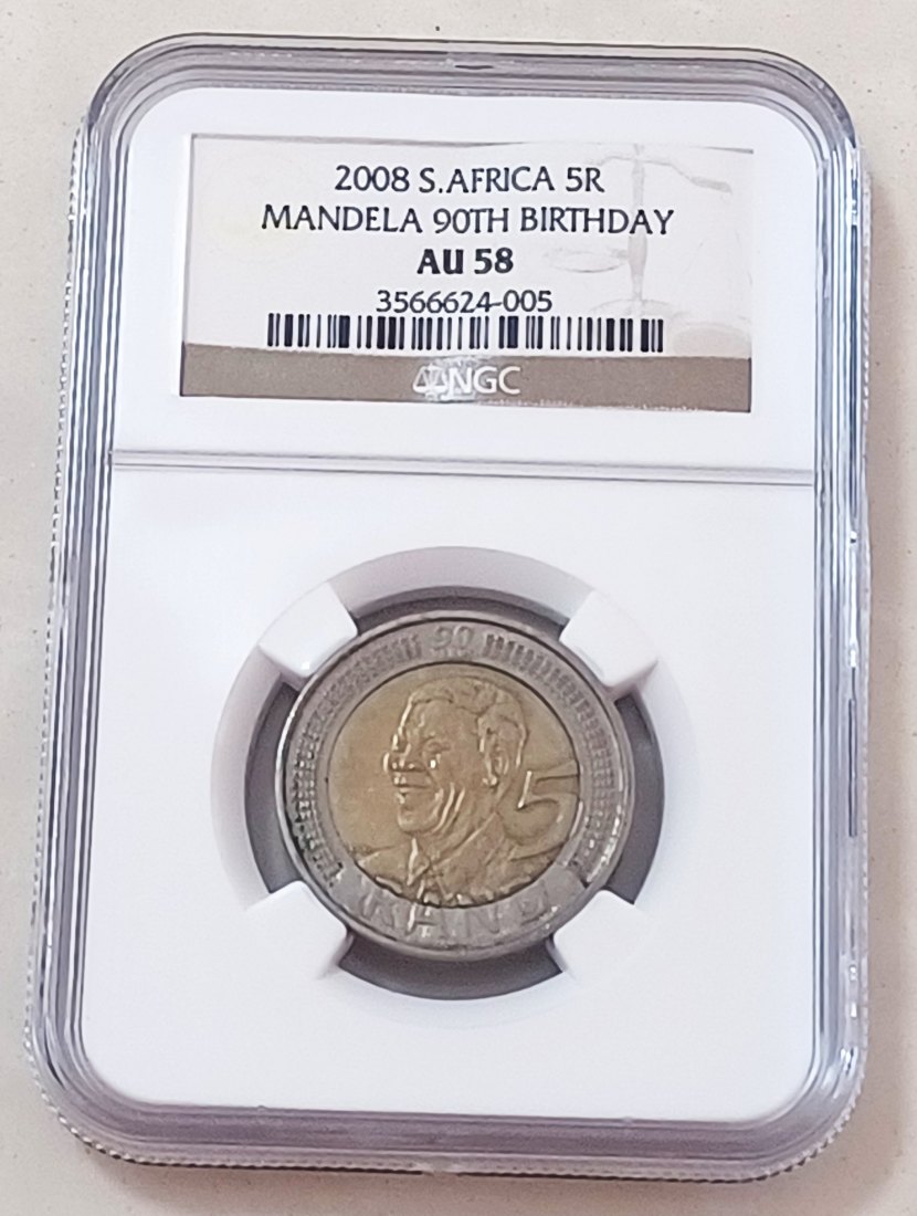 2008 South Africa Bimetallic Nelson Mandela 90th Birthday Five Rand R5 NGC AU58