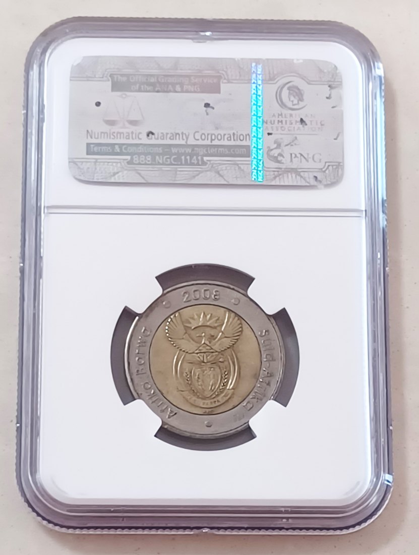  2008 South Africa Bimetallic Nelson Mandela 90th Birthday Five Rand R5 NGC AU58   
