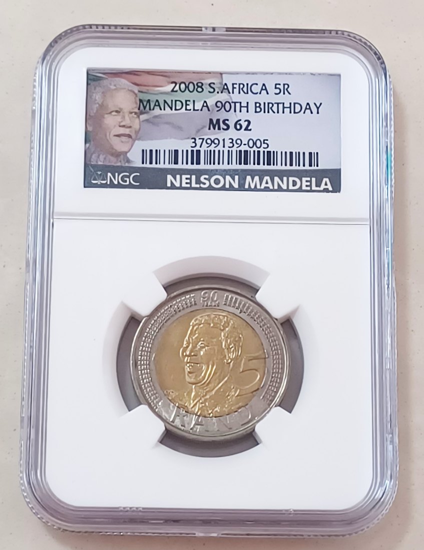 2008 South Africa BU UNC Bimetallic Nelson Mandela 90th Birthday Five Rand R5 NGC MS62 SPECIAL LABEL
