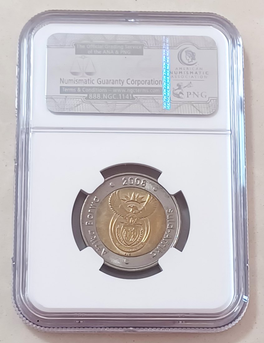  2008 South Africa BU UNC Bimetallic Nelson Mandela 90th Birthday Five Rand R5 NGC MS62 SPECIAL LABEL   
