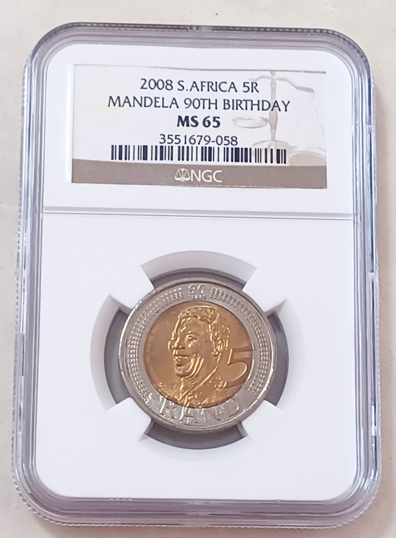 2008 South Africa BU UNC Bimetallic Nelson Mandela 90th Birthday Five Rand R5 NGC MS65
