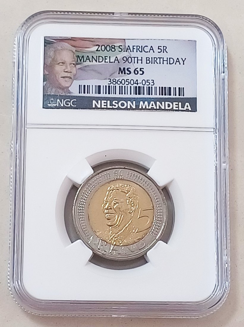 2008 South Africa BU UNC Bimetallic Nelson Mandela 90th Birthday Five Rand R5 NGC MS65 SPECIAL LABEL