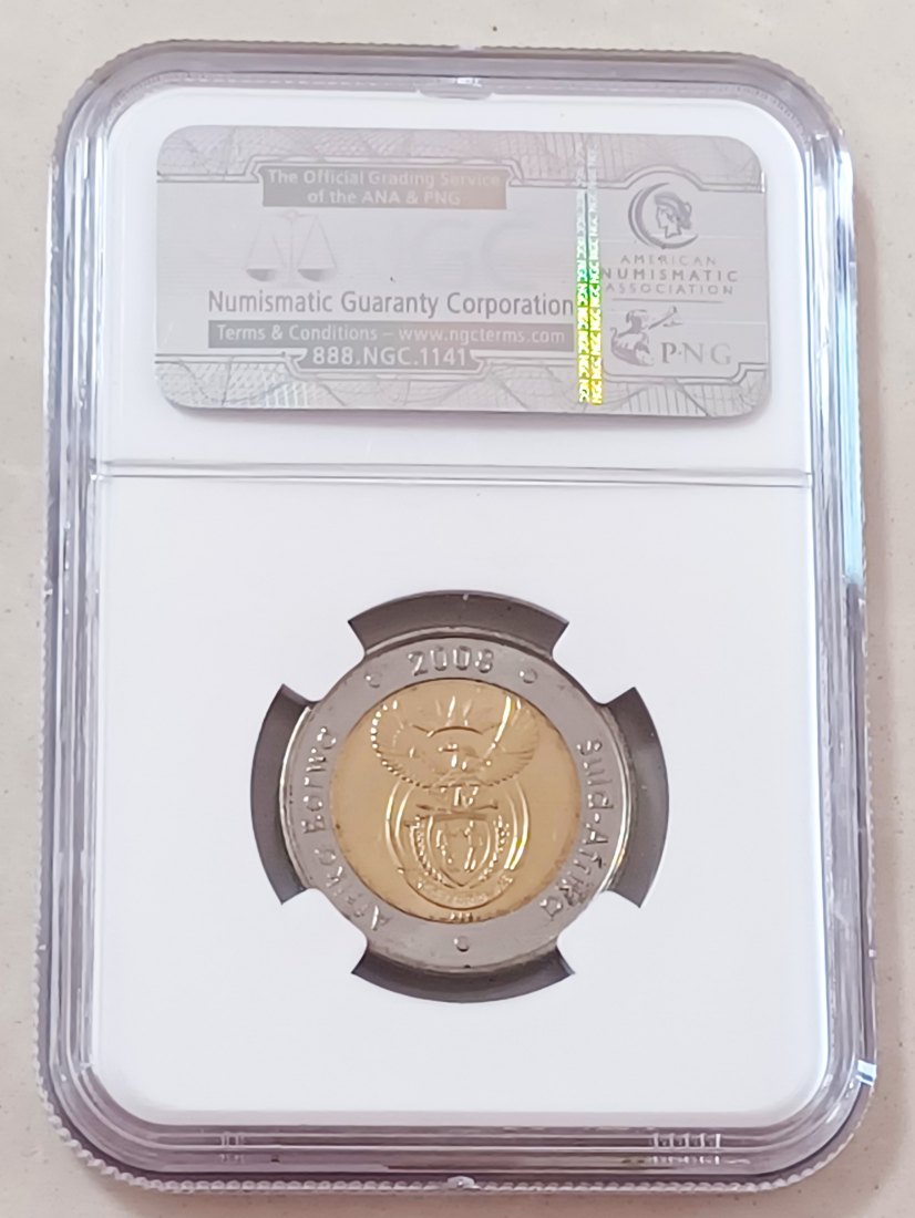  2008 South Africa BU UNC Bimetallic Nelson Mandela 90th Birthday Five Rand R5 NGC MS65 SPECIAL LABEL   