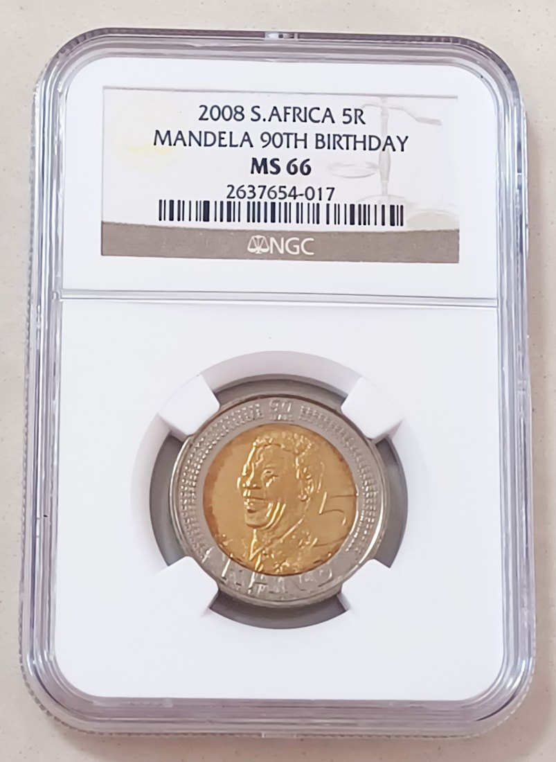 2008 South Africa BU UNC Bimetallic Nelson Mandela 90th Birthday Five Rand R5 NGC MS66