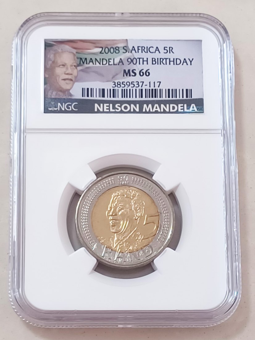 2008 South Africa BU UNC Bimetallic Nelson Mandela 90th Birthday Five Rand R5 NGC MS66 SPECIAL LABEL