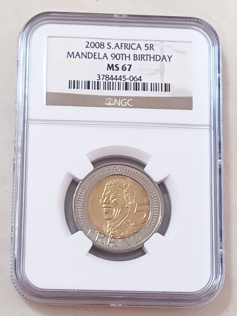 2008 South Africa BU UNC Bimetallic Nelson Mandela 90th Birthday Five Rand R5 NGC MS67