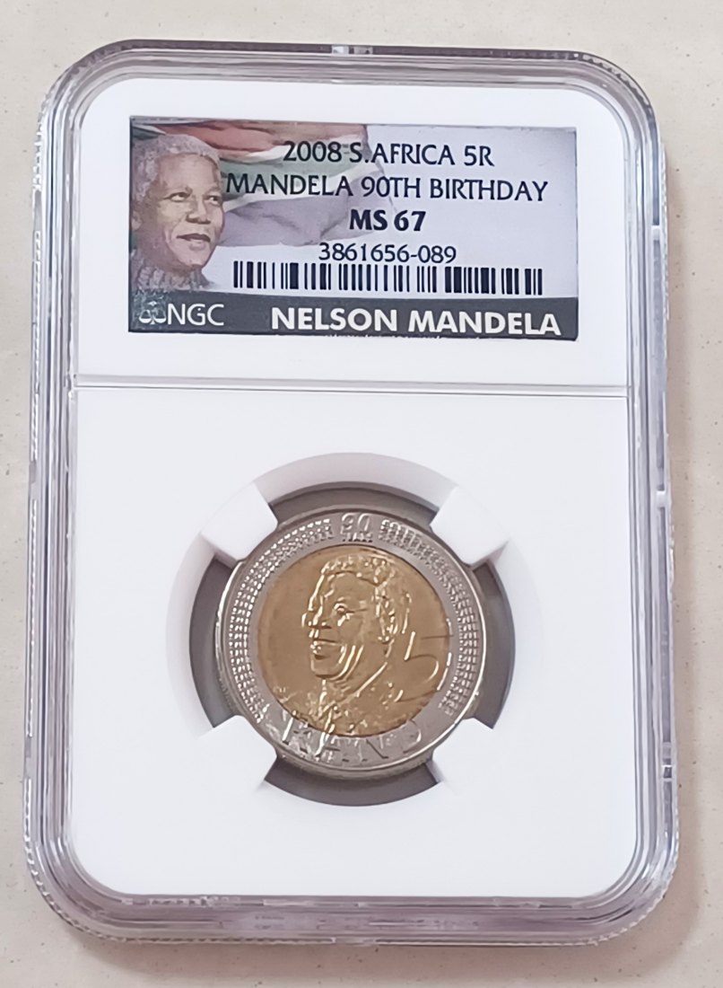 2008 South Africa BU UNC Bimetallic Nelson Mandela 90th Birthday Five Rand R5 NGC MS67 SPECIAL LABEL