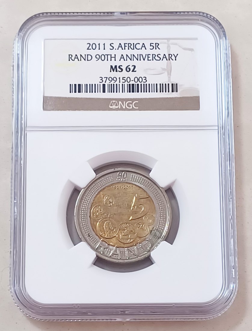 2011 South Africa 90TH Anniversary Rand Bimetallic Five Rand R5 NGC MS62