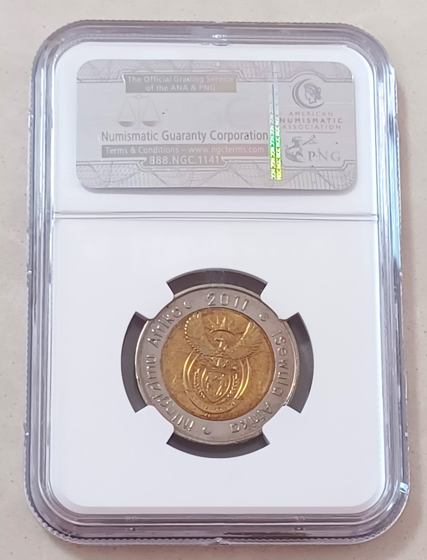  2011 South Africa 90TH Anniversary Rand Bimetallic Five Rand R5 NGC MS62   