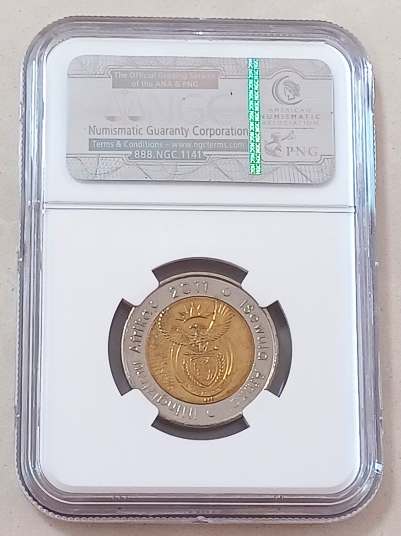  2011 South Africa 90TH Anniversary Rand Bimetallic Five Rand R5 NGC MS64   