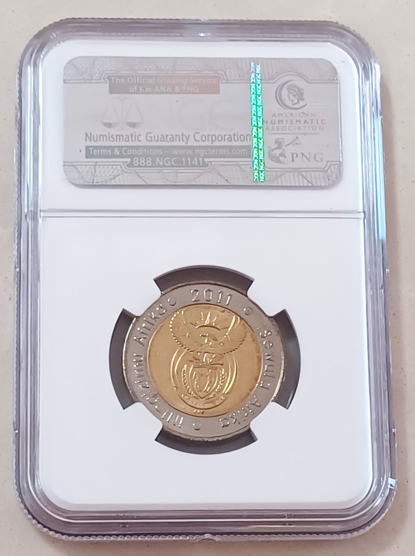  2011 South Africa 90TH Anniversary Rand Bimetallic Five Rand R5 NGC MS65   