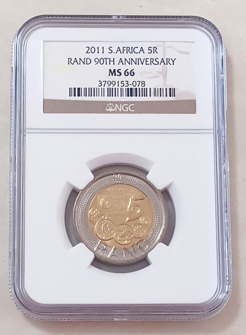 2011 South Africa 90TH Anniversary Rand Bimetallic Five Rand R5 NGC MS66