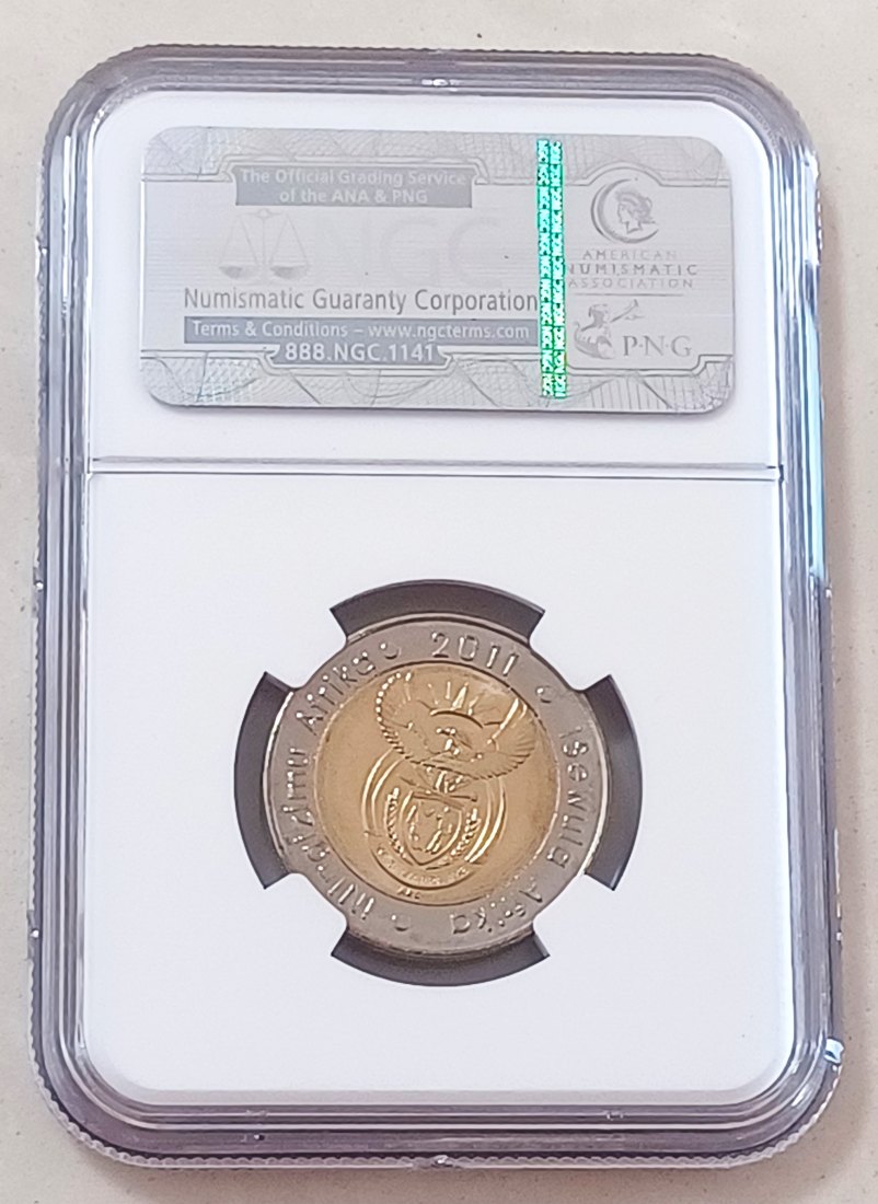  2011 South Africa 90TH Anniversary Rand Bimetallic Five Rand R5 NGC MS66   