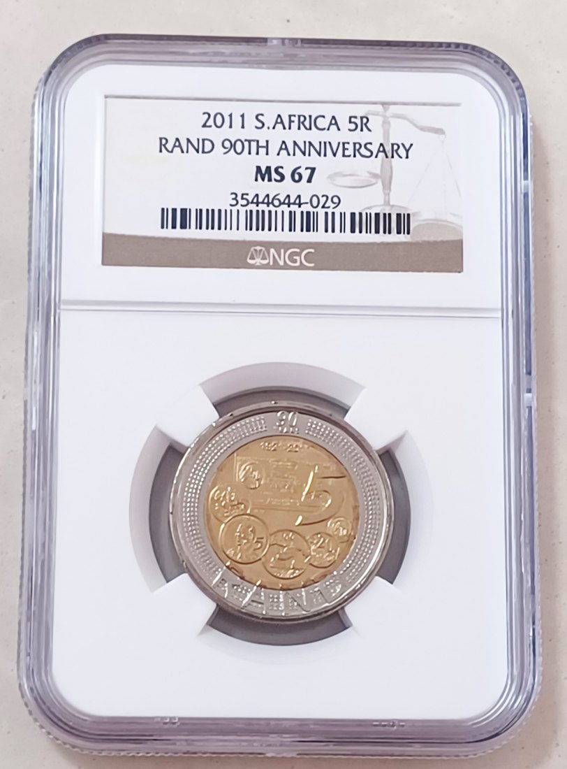 2011 South Africa 90TH Anniversary Rand Bimetallic Five Rand R5 NGC MS67 ONLY 2 COINS GRADED HIGHER