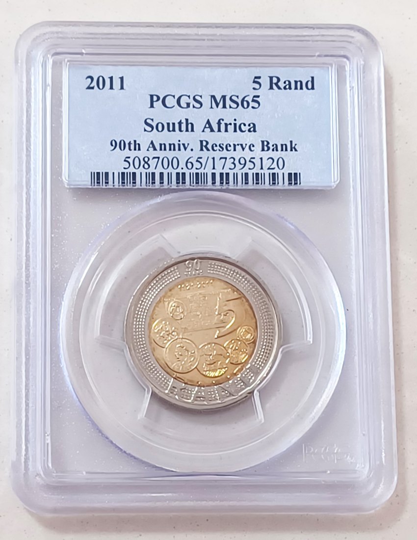 2011 South Africa 90TH Anniversary Rand Bimetallic Five Rand R5 PCGS MS65